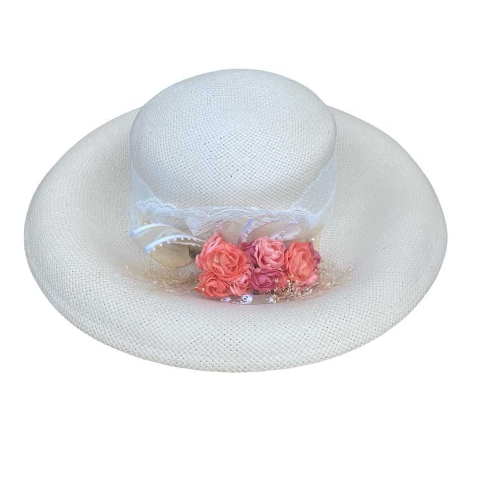 Vintage Capelli Ivory Floral & Lace Straw Sun Hat Tea/Garden Party Cottagecore